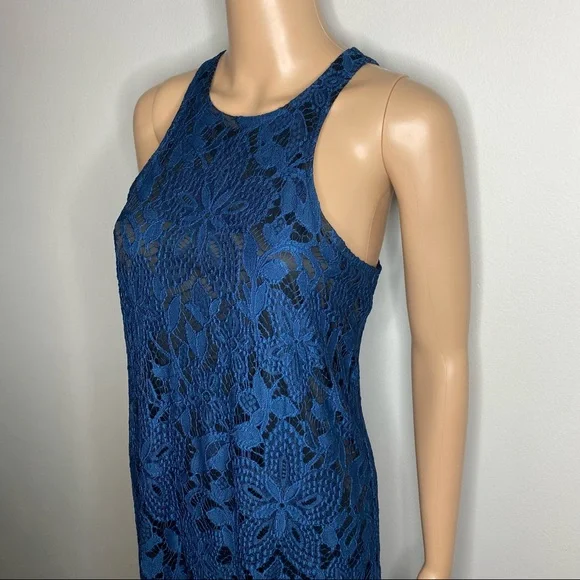 Express Blue & Black Lace High Neck Sleeveless Keyhole Knee Length Mini Dress - Picture 4 of 10